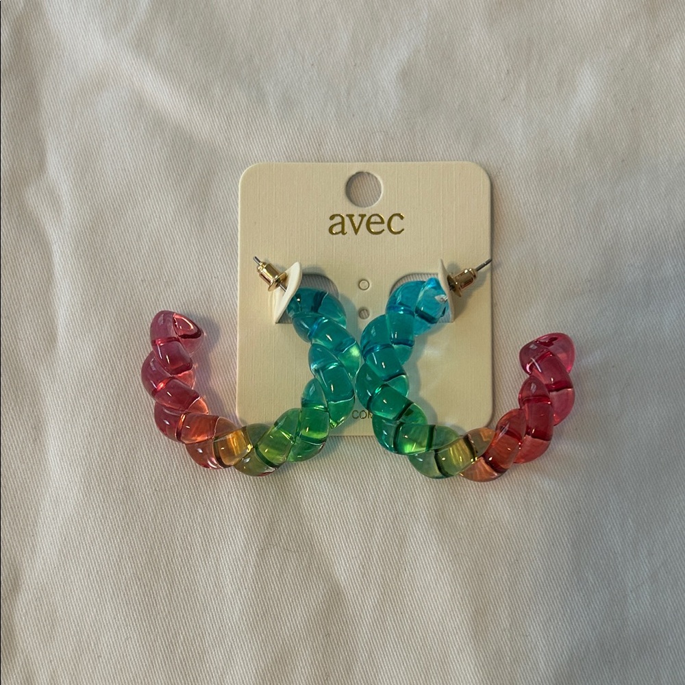 Rainbow Twisted Hoop Earrings NWT Multicolor Statement Lightweight Festival
